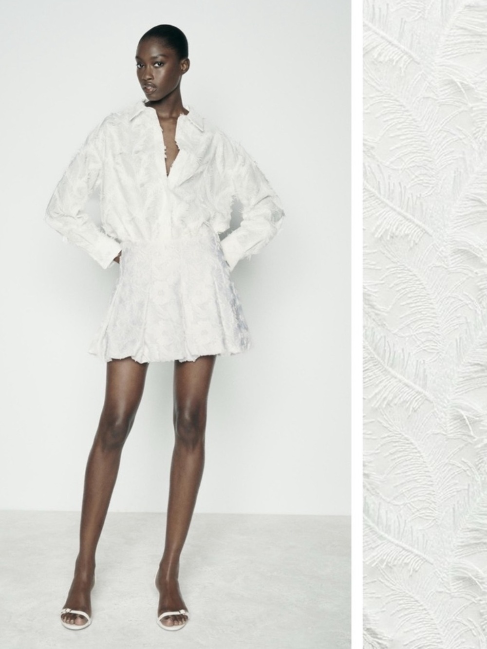 Zara White Textured Leaf Cotton Shirt